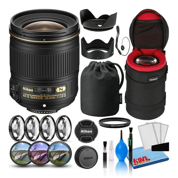 Nikon AF-S NIKKOR 28mm F/1.8G Wide-Angle Prime Lens (2203) Intl with Padded Lens Case + Macro Filter Kit + UV, CPL, FL Lens Filters + Tulip Hood + Lens Cap Keeper + Cleaning Kit