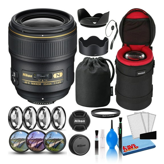 Nikon AF-S NIKKOR 35mm F/1.4G Wide-Angle Prime Lens (2198) Intl with Padded Lens Case + Macro Filter Kit + UV, CPL, FL Lens Filters + Tulip Hood + Lens Cap Keeper + Cleaning Kit