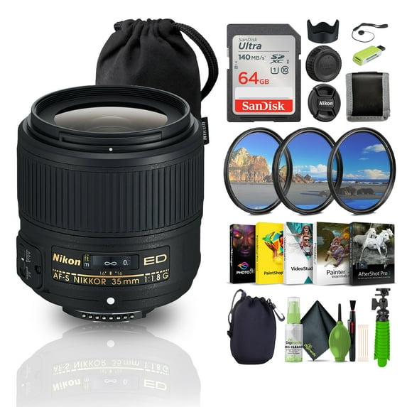Nikon AF-S NIKKOR 35mm f/1.8G ED Prime Lens Bundle 64GB Card Tripod Filter Kit Software (International Model)