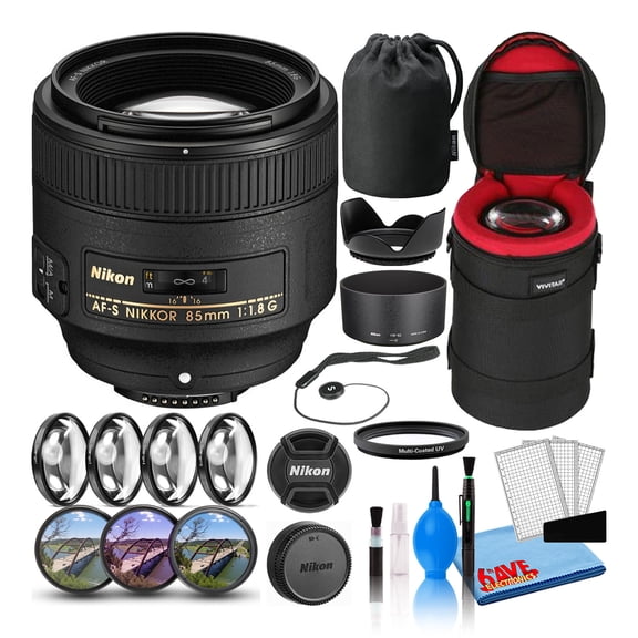 Nikon AF-S NIKKOR 85mm F/1.8G Short Prime Lens (2201) Intl with Padded Lens Case + Macro Filter Kit + UV, CPL, FL Lens Filters + Tulip Hood + Lens Cap Keeper + Cleaning Kit