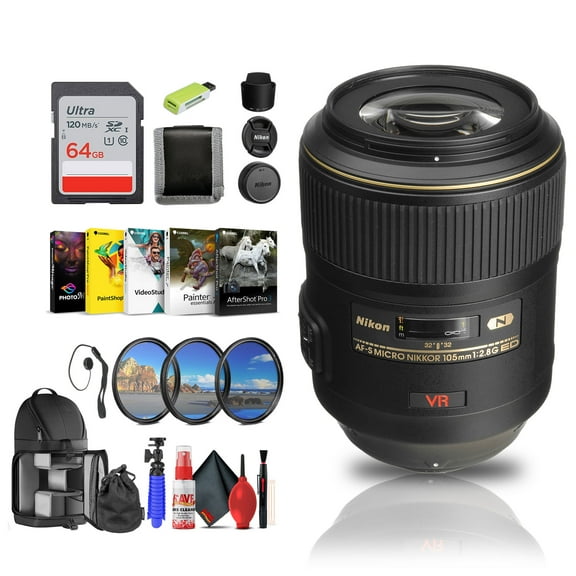 Nikon AF-S VR Micro-NIKKOR 105mm f/2.8G IF-ED Macro Lens for Nikon DSLR Cameras (2160) + 64GB Memory Card + Filter Kit + Card Reader + Photo Software + Flex Tripod + More