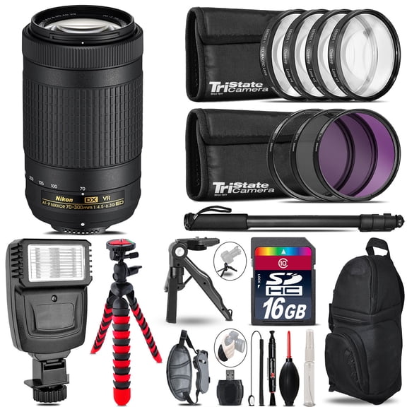 Nikon AFP 70-300mm VR + Slave Flash + MACRO, UV-CPL-FLD - 16GB Accessory Bundle (International Version)