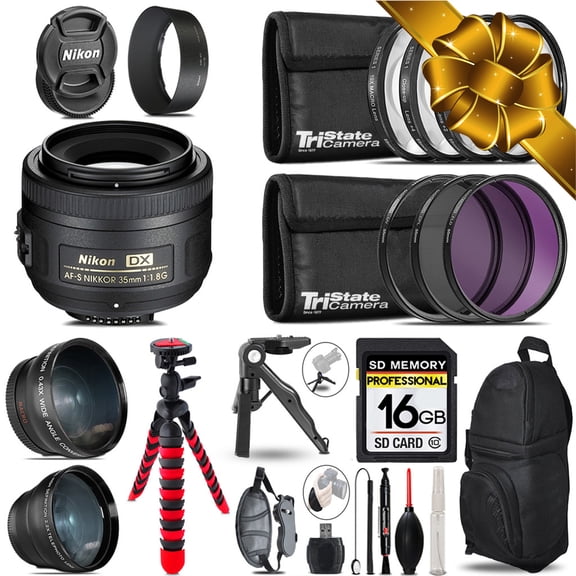 Nikon AFS 35mm 1.8 - 3 Lens Kit + Tripod + Backpack - 16GB Accessory Bundle (International Version)