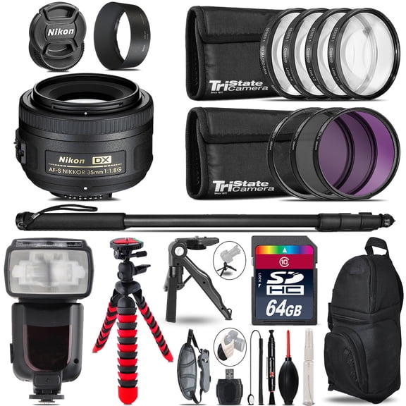 Nikon AFS 35mm 1.8 + Professional Flash + Macro Kit - 64GB Accessory Bundle (International Version)