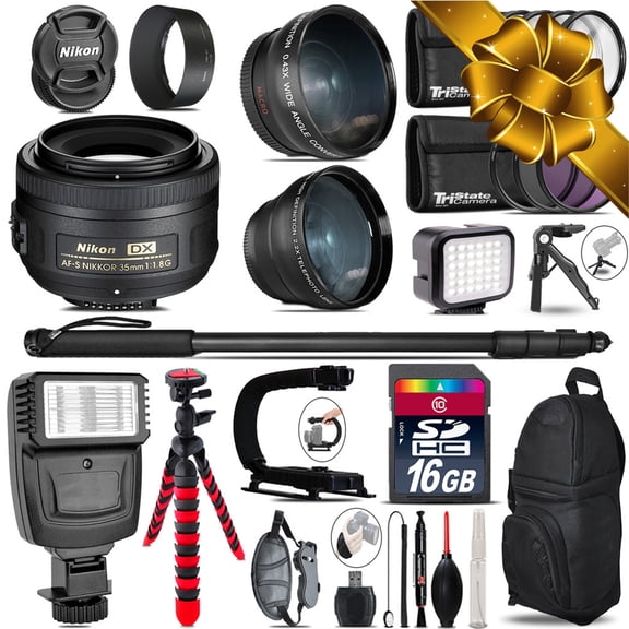 Nikon AFS 35mm 1.8 + Slave Flash + LED Light + Tripod - 16GB Accessory Bundle