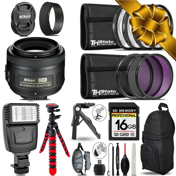 Nikon AFS 35mm 1.8 + Slave Flash + MACRO, UV-CPL-FLD - 16GB Accessory Bundle (International Version)