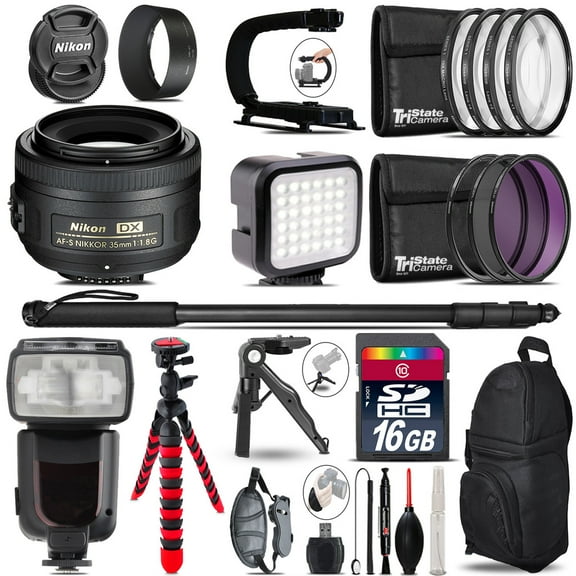 Nikon AFS 35mm 1.8 - Video Kit + Pro Flash + Monopad - 16GB Accessory Bundle (International Version)
