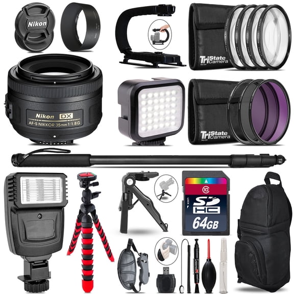 Nikon AFS 35mm 1.8 -Video Kit + Slave Flash + Monopad - 64GB Accessory Bundle (International Version)