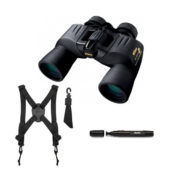 Nikon Action Extreme 8x40 ATB Central Focus Knob Rubber Armored Coating Binoculars Bundle with Focus Camera Binocular Harness and Focus Lens Cleaning Pen (3 Items)