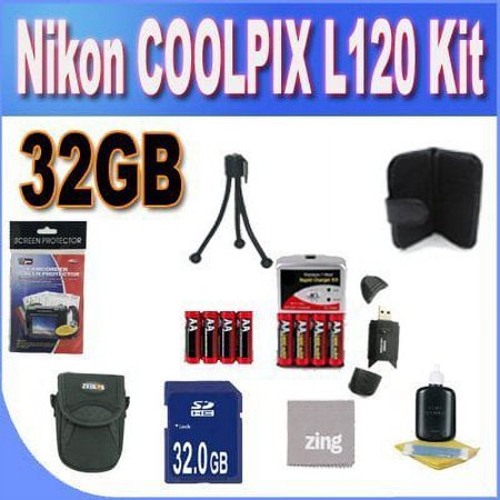 Nikon COOLPIX L120 32GB Accessory Saver Kit (32GB SDHC Memory Card+ 2 Sets 4 NIMH Rechargeable AA Batteries+ Rapid Battery Charger + Accessory Kit)
