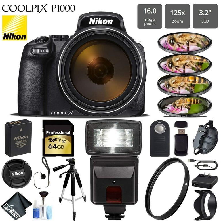 Nikon COOLPIX P1000 Digital Camera 16MP 125x Optical Zoom & Build in Wi-Fi  + Slave Flash + Macro Filter Kit + UV Protection Filter + Tripod - Intl  Model 