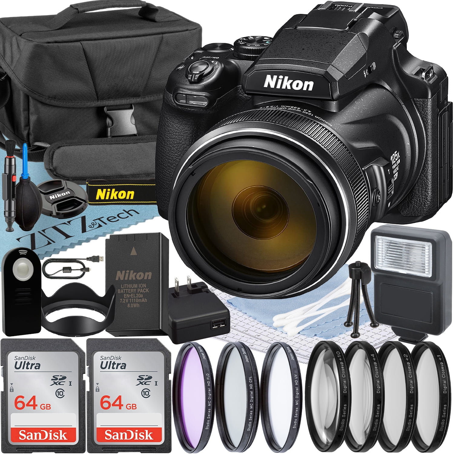 Nikon COOLPIX P1000 Digital Camera with 2 Pieces SanDisk 64GB Memory Card +  Case + Filter Kit + Flash + ZeeTech Professional Bundle