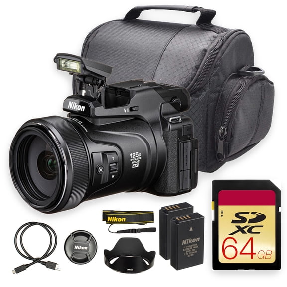 Nikon COOLPIX P1100 Digital Camera | 16MP BSI CMOS, 125x Optical Zoom (24-3000mm), UHD 4K Video, Dual Detect VR, Bird-Watching Mode | 64GB Memory Card, Camera Bag, EN-EL20 Battery