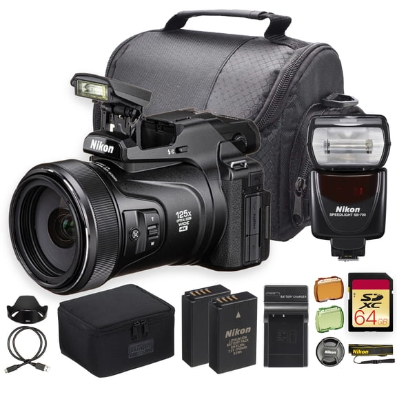 Nikon COOLPIX P1100 Digital Camera | 16MP BSI CMOS, 125x Optical Zoom (24-3000mm), UHD 4K Video, Dual Detect VR | SB-700 Speedlight, 64GB Memory Card, Camera Bag, EN-EL20 Battery, Charger