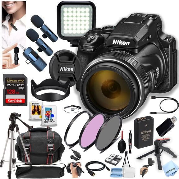 Nikon COOLPIX P1100 Superzoom Digital Camera | 125x,16 MP 4K Video + 128GB Extreme Memory, Wireless Lavalier Microphones, Filters, Case, Tripod, Software (International Model)