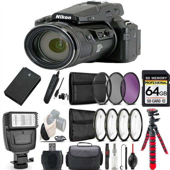 Nikon COOLPIX P950 Digital Camera 83x + Flash + 7PC Filter + EXT BAT - 64GB Kit (International Version)