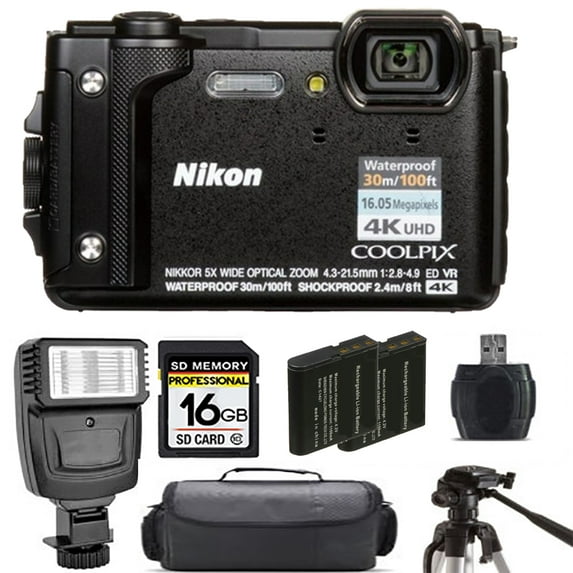 Nikon COOLPIX W300 Camera (Black) + Extra Battery + Flash - 16GB Kit (International Version)