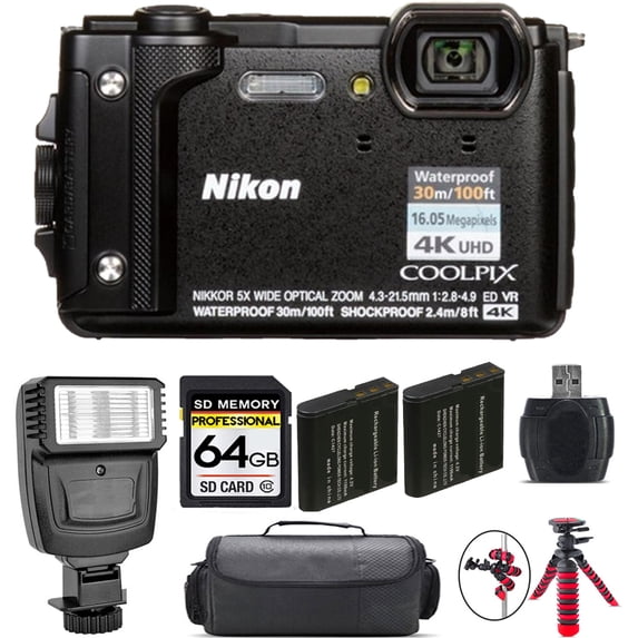 Nikon COOLPIX W300 Camera (Black) + Extra Battery + Flash - 64GB Kit (International Version)