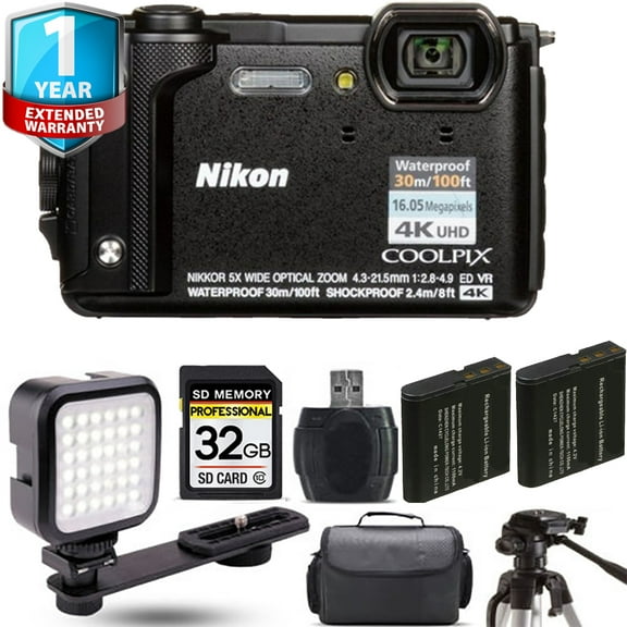 Nikon COOLPIX W300 Camera (Black) + Extra Battery + LED +1 Yr Warranty (International Version)