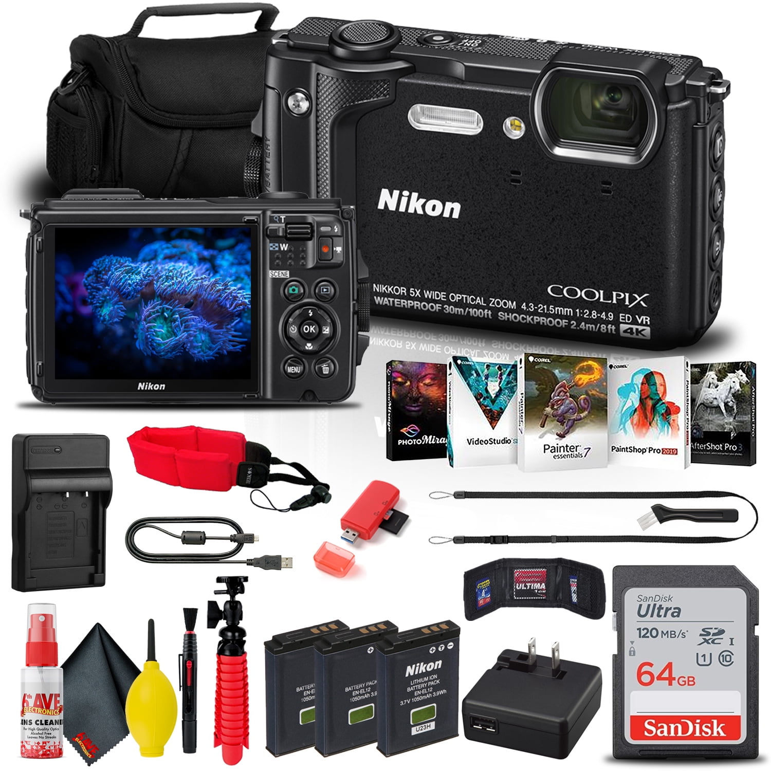 Nikon COOLPIX W300 Digital Camera (Black) (26523) + 64GB Card +