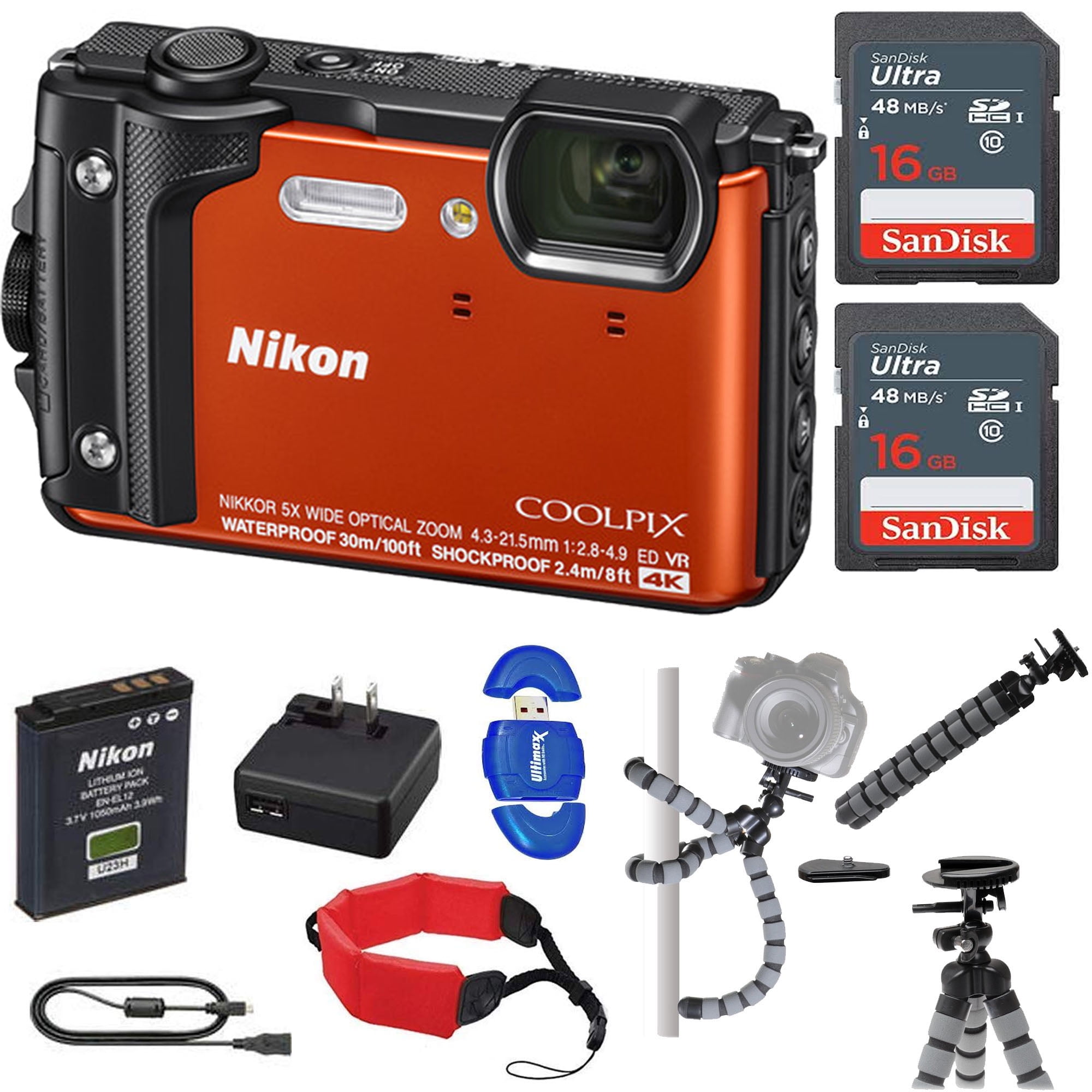 Nikon COOLPIX W300 Digital Camera (Orange/Mix Colors) with 2x 16GB Memory  Cards Floating Strap Starter Kit