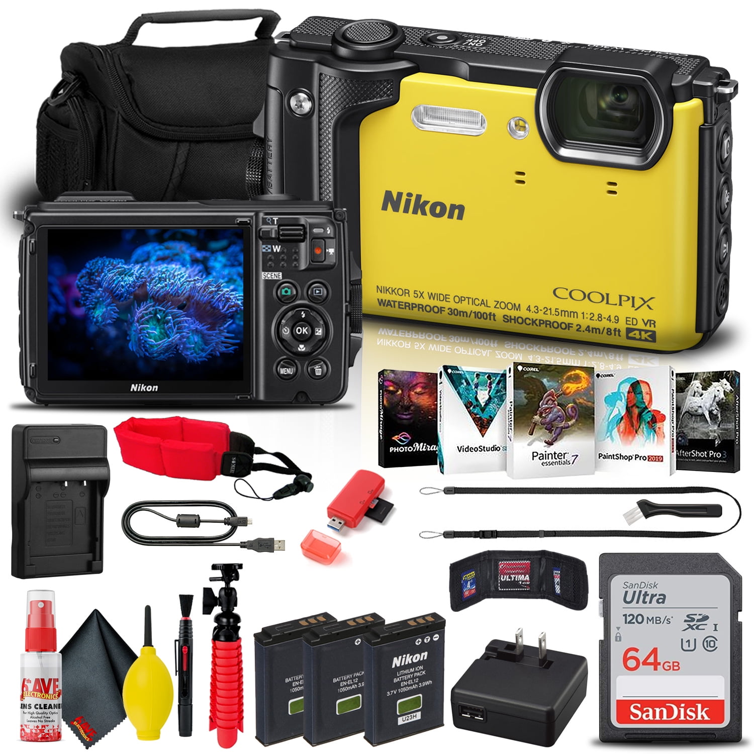 Nikon COOLPIX W300 Digital Camera (Yellow) (26525) + 64GB Card + Bag + More  - Walmart.com