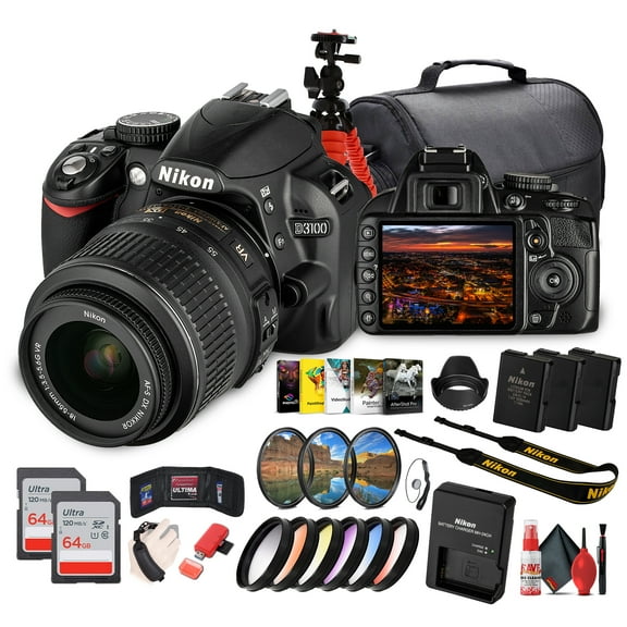 Nikon D3100 DSLR Camera Kit with 18-55mm VR Lens Beginner-Friendly & Compact (25472) + Photo Software + Camera Bag + 2 x 64GB Memory Card + Flexible Tripod + Cleaning Kit + More