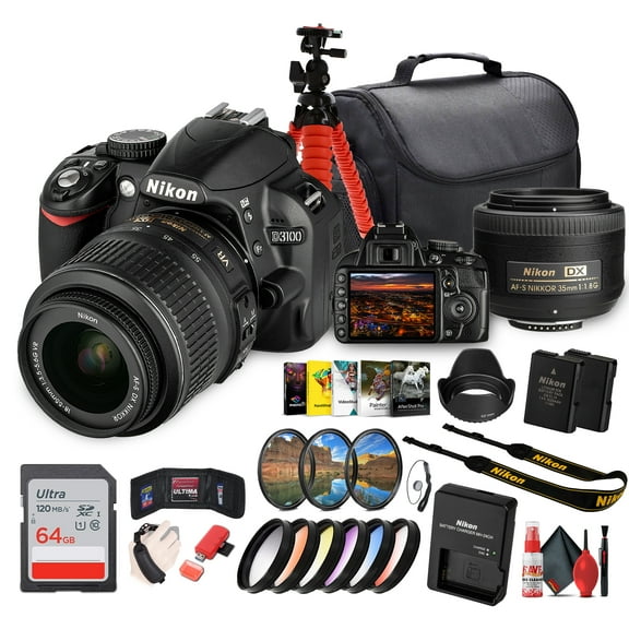 Nikon D3100 DSLR Camera Kit with 18-55mm VR Lens Beginner-Friendly & Compact (25472) + Photo Software + Camera Bag + 64GB Memory Card + Tripod + Cleaning Kit + Hand Strap + More