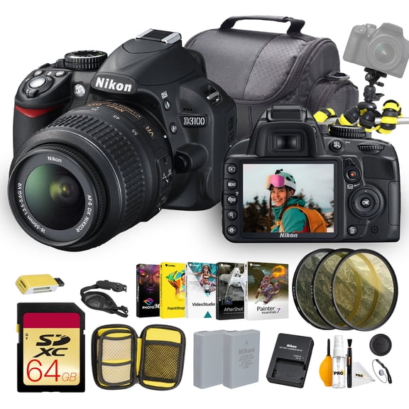 Nikon D3100 Digital SLR Camera 18-55mm NIKKOR VR Lens Kit Bundle With Bag + Tripod + Filter kit + 64GB Memory Card + More