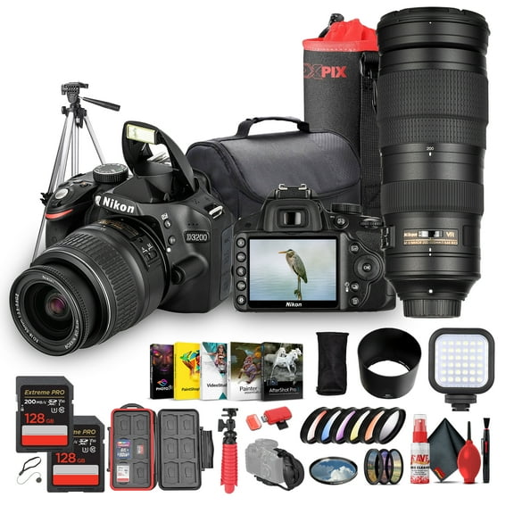 Nikon D3200 DSLR Camera with 18-55mm VR Lens 24.2MP, Full HD 1080p Video, Guide Mode, 11-Point Autofocus + Nikon AF-S NIKKOR 200-500mm f/5.6E ED VR Lens + 128GB Memory Card + 72" Tripod + More