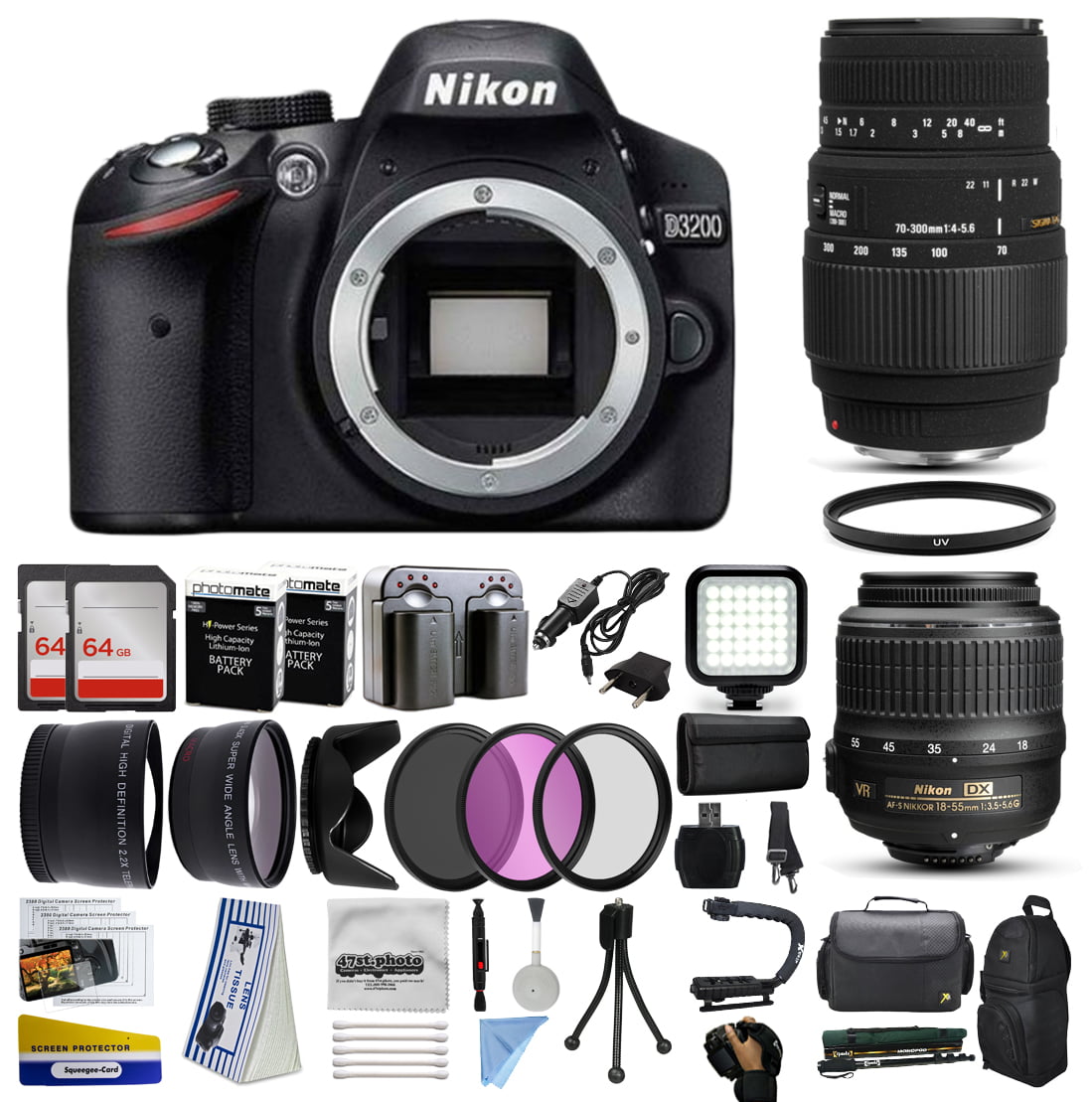 Nikon D3200 DSLR Digital Camera with 18-55mm VR + Sigma 70-300mm Lens +  128GB Memory + 2 Batteries + Charger + LED Video Light + Backpack + Case +  Filters + Auxiliary Lenses + More! 