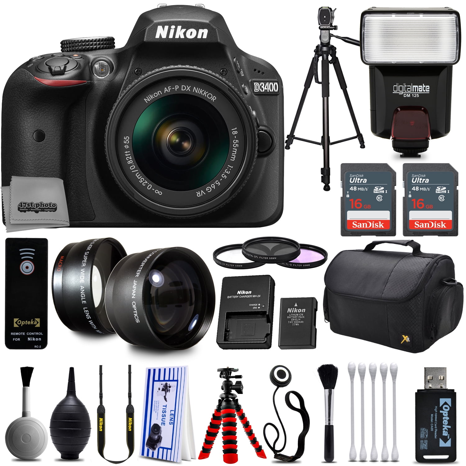 forskel udtryk For en dagstur Nikon D3200 Digital SLR Camera + 18-55mm AF-S DX Nikkor VR + 2.2X Telephoto  and 0.43X Macro Lens Kit + 32GB Memory + Bounce Swivel Flash + Tripod +  Padded Case Bag +