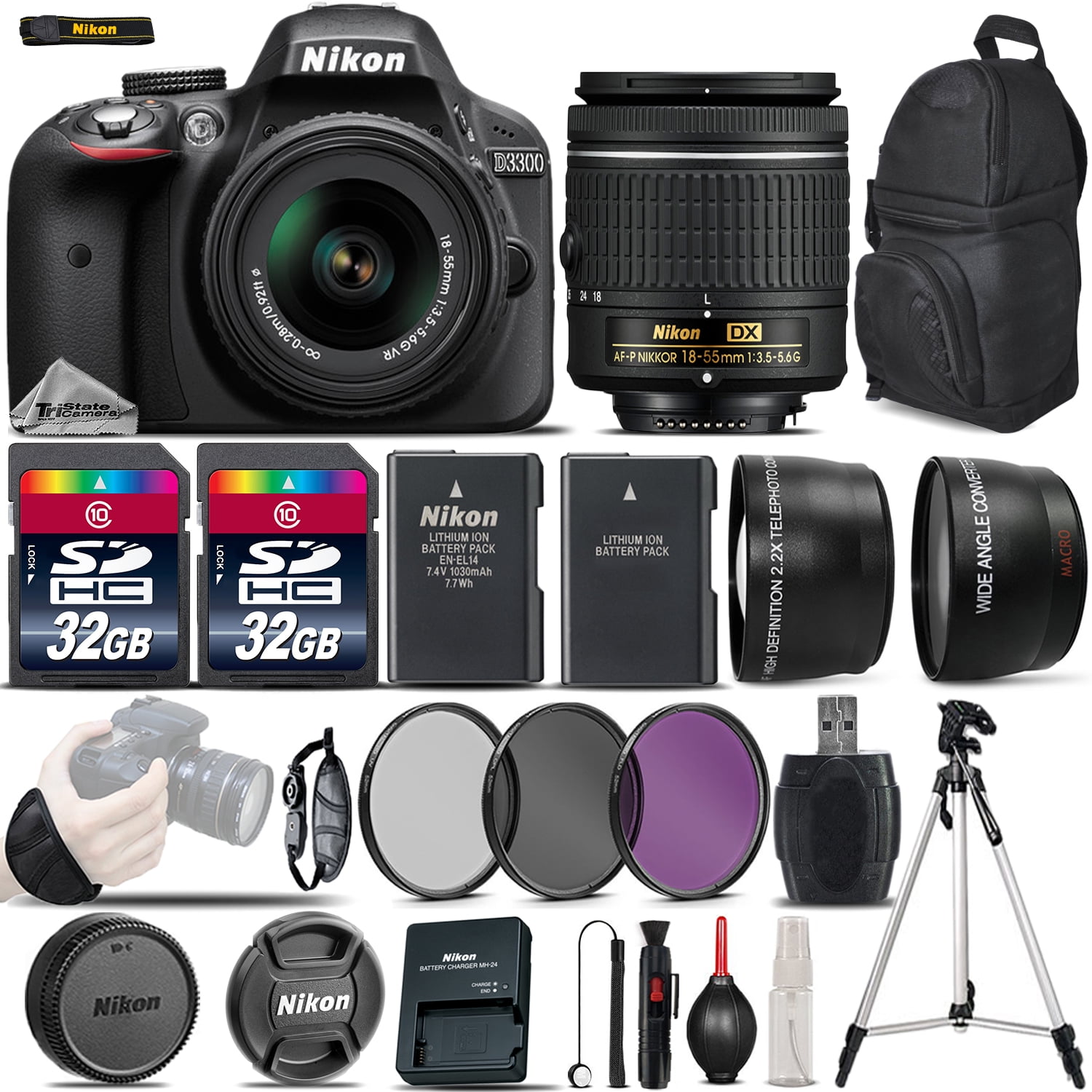 Nikon D3300 Digital SLR Camera +3 Lens 18-55mm VR + 64GB-Great 