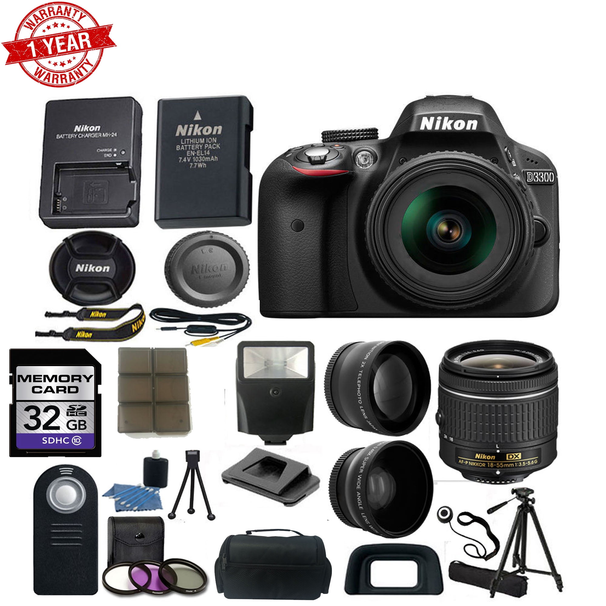  Nikon D3500 24.2MP DSLR Digital Camera with 18-55mm and  70-300mm Lenses (1588) Deluxe Bundle -Includes- Sandisk 64GB SD Card +  Large Camera Bag + Filter Kit + Spare Battery + Telephoto Lens : Electronics