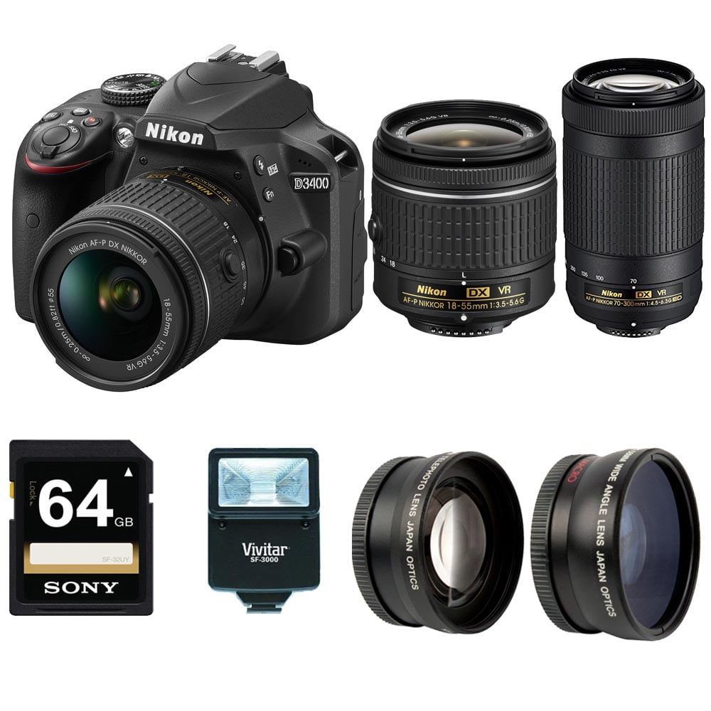 Nikon D3400 DSLR Camera (Black) with 18-55mm and 70-300mm VR Lenses + 32GB  Kit 