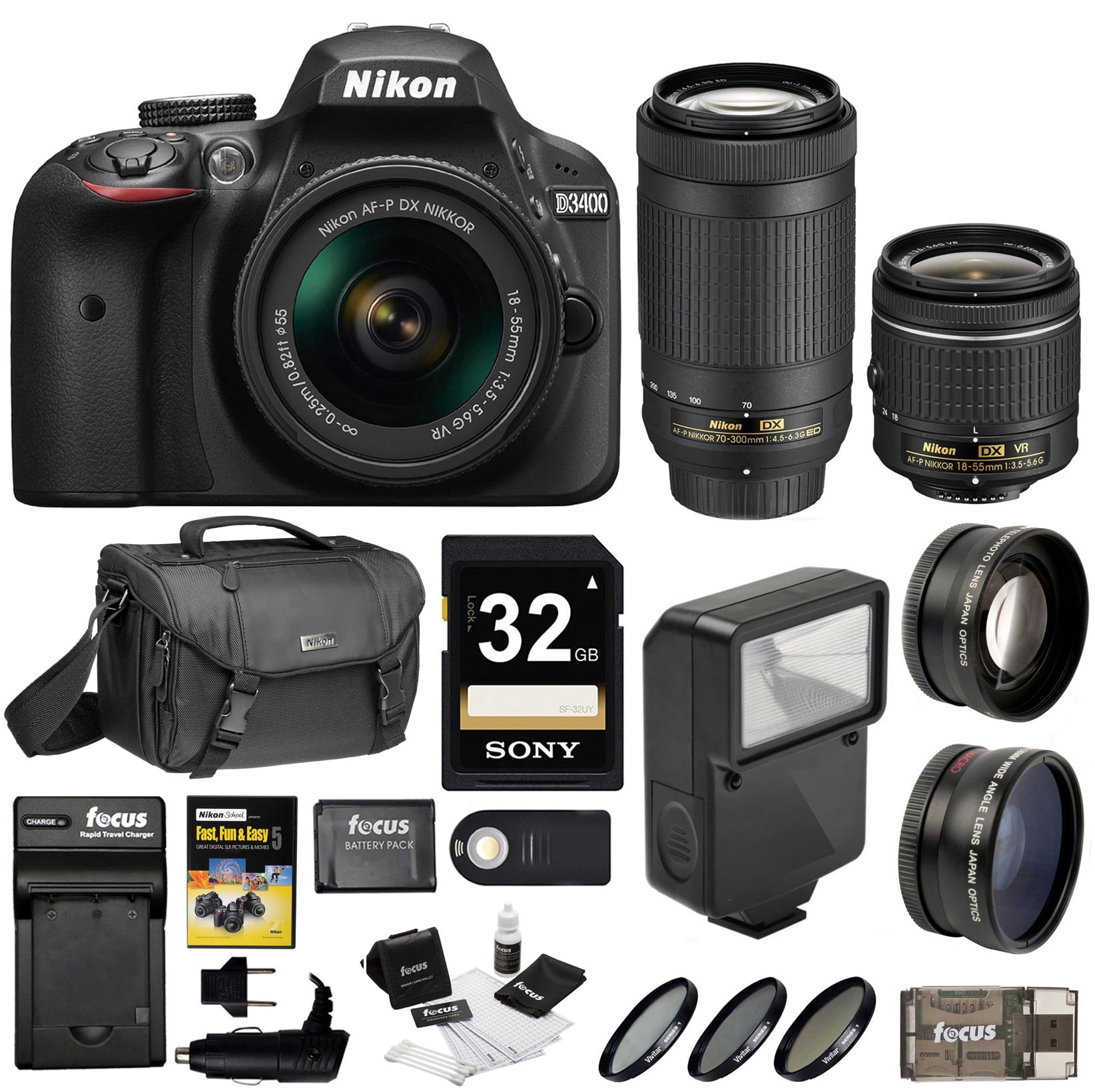 Nikon D3400 DSLR Camera w/ 18-55mm & 70-300mm Lens, Flash, Filters and 32GB  Kit