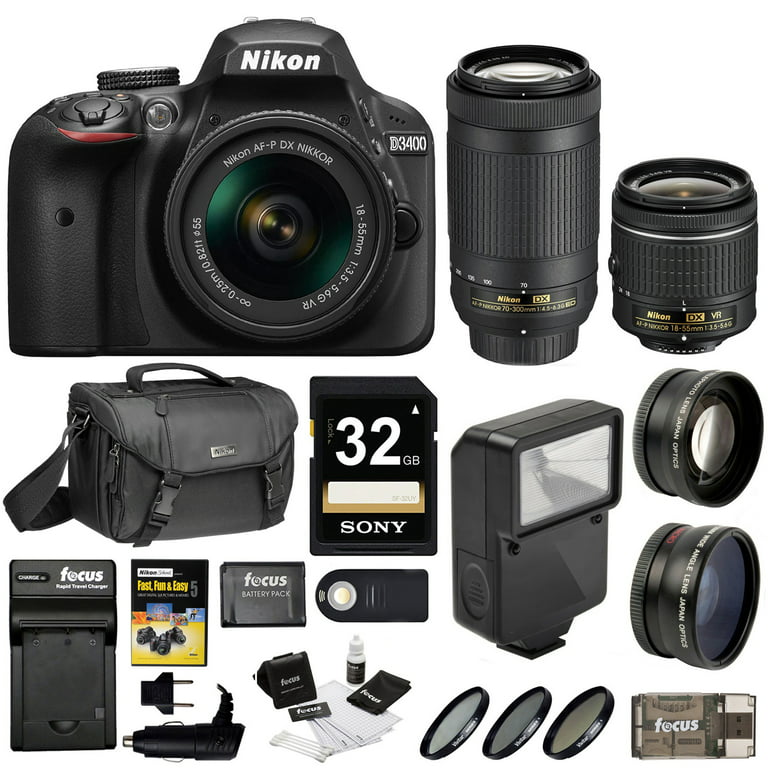 Nikon D3400 DSLR Camera w/ 18-55mm & 70-300mm Lens, Flash, Filters and 32GB  Kit 