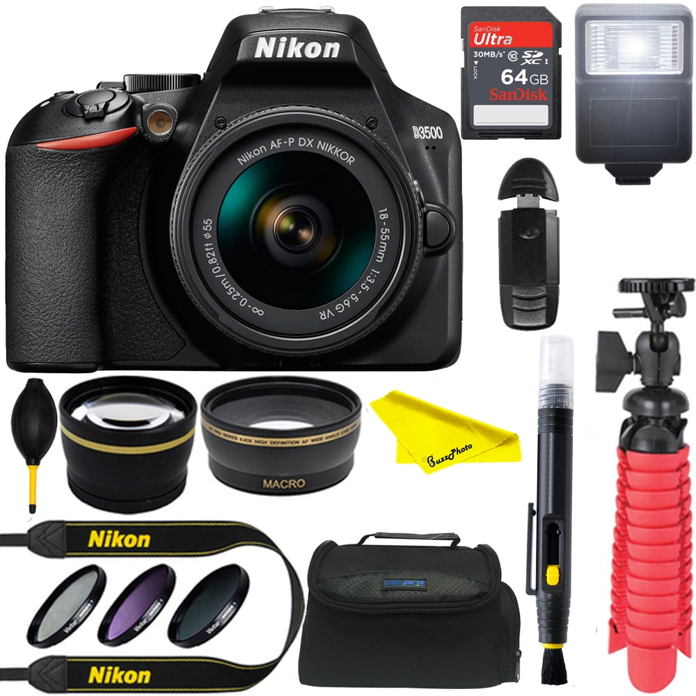 Nikon D3500 Built-in Flash 24.2 MP CMOS DSLR Camera Bundle with Scandisk Ultra SDXC 64GB UHS Class 10 Memory Card, Black, 1