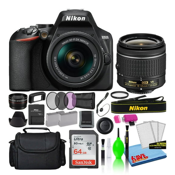 Nikon D3500 24.2MP DSLR Digital Camera with AF-P DX 18-55mm Lens (1590) Bundle with Sandisk 64GB SD Card + Camera Bag + Filter Kit + Spare Battery + Telephoto Lens
