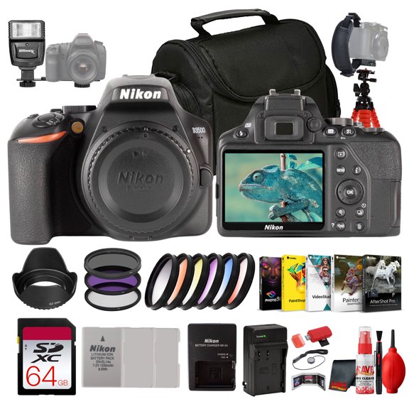 Nikon D3500 Body Only DSLR Camera – 24.2MP DX Sensor, Easy Controls, Full HD Video (1590) + 55mm Color Filters + Photo Software + 64GB Card + 2 x Replacement EN-EL14 + Flash + More (17pc Bundle)