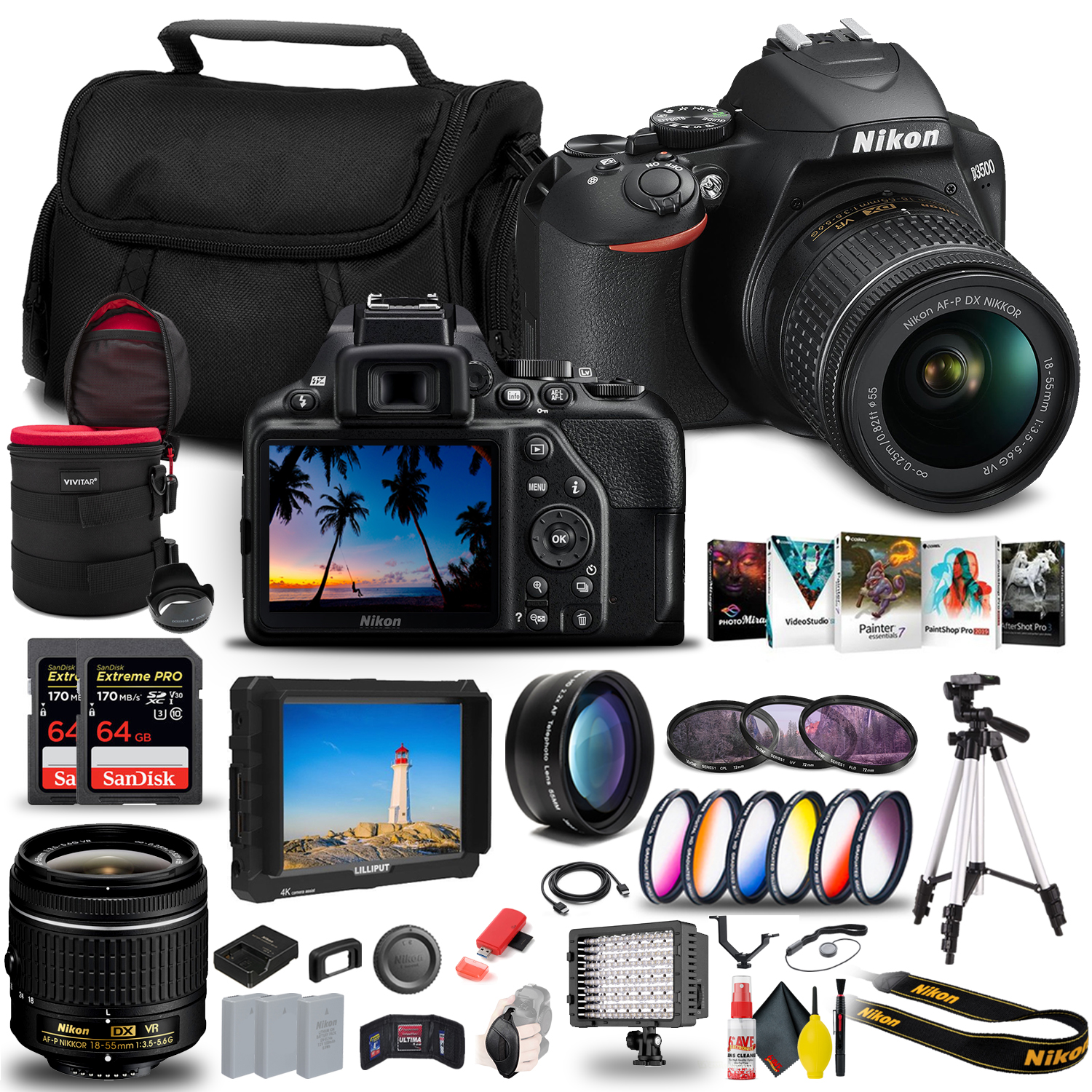 Nikon D3500 DSLR Camera with 18-55mm Lens (1590) + 4K Monitor + 2 x 64GB Extreme Pro Card + 2 x EN-EL14a Battery + Corel Photo Software + Pro Tripod + Case + Filter Kit + More - International Model - image 1 of 7