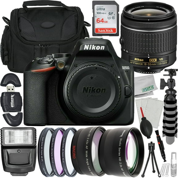 Nikon D3500 DSLR Camera with 18-55mm Lens + Essential Accessory Bundle: SanDisk 64GB Ultra SDXC, 0.43x Wide-Angle Lens Attachment w/ Detachable Macro & More (24pc Bundle)
