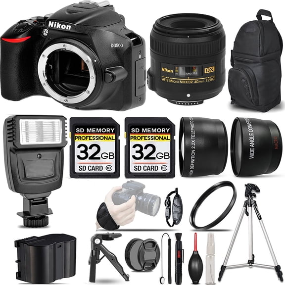 Nikon D3500 DSLR Camera (Body Only) +40mm Lens +Flash +64GB-  Kit (International Version)