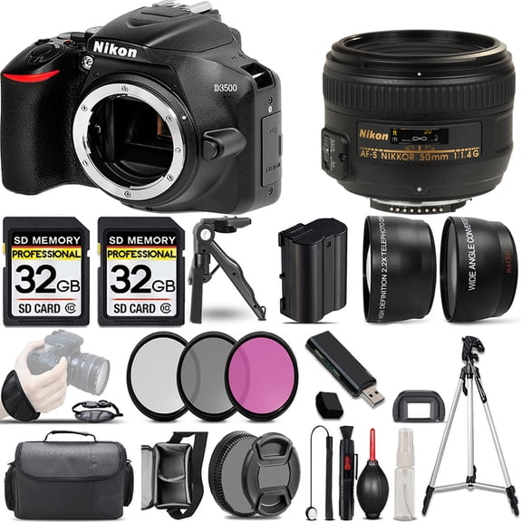 Nikon D3500 DSLR Camera (Body Only) +50mm f/1.4G Lens +3 PC Filter +64GB (International Version)