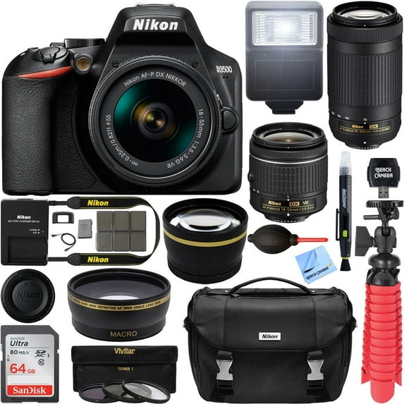 Nikon D3500 DSLR Camera w/ AF-P DX 18-55mm & 70-300mm Zoom Lens 64GB Accessory Bundle