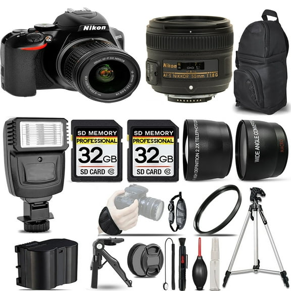 Nikon D3500 DSLR Camera with 18-55mm Lens +50mm f/1.8 Lens +Flash +64GB- Kit (International Version)