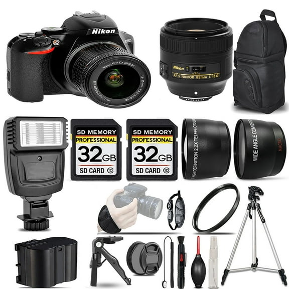 Nikon D3500 DSLR Camera with 18-55mm Lens + 85mm f/1.8G Lens +Flash +64GB- Kit (International Version)