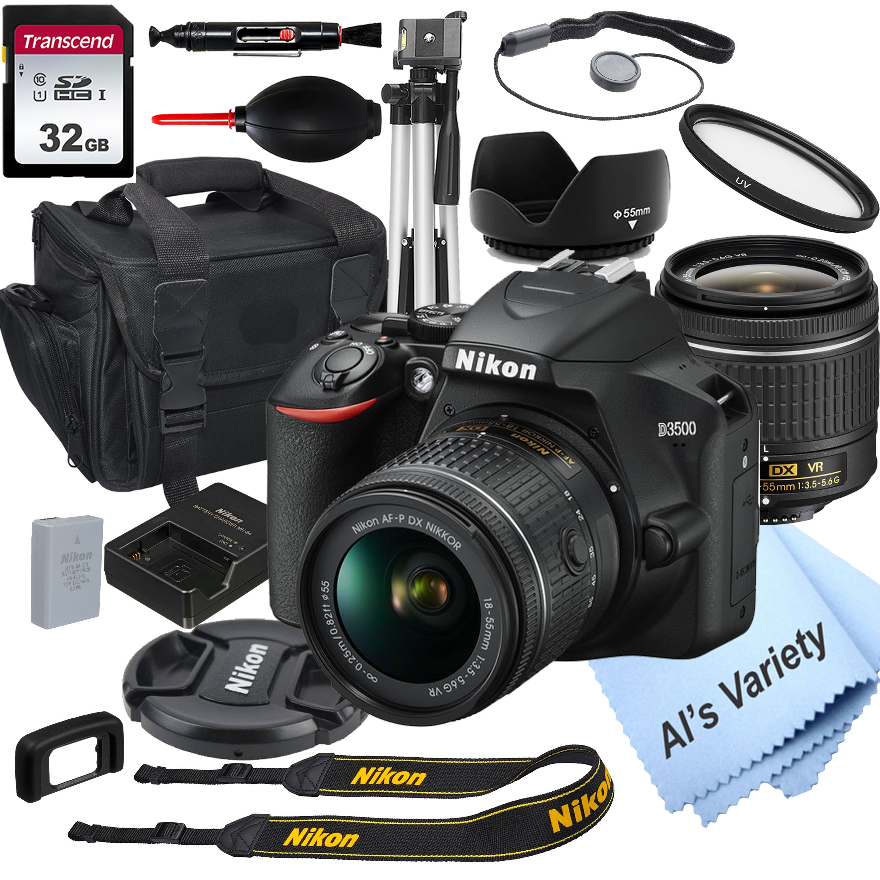 Nikon D3500 DSLR Camera with 18-55mm VR Lens + 32GB Card, Tripod, Case, and More 18pc Bundle - image 1 of 7
