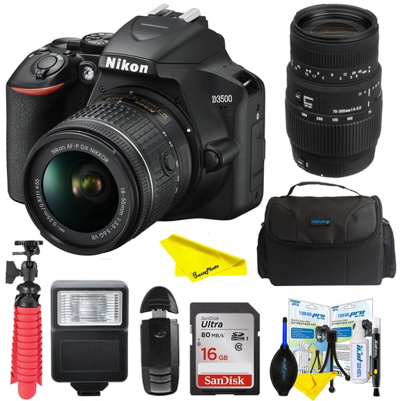 Nikon D3500 Digital SLR Camera + 18-55mm VR DX AF-P Lens with 70-300mm Lens + Case + 16GB Card + Flash + Buzz-Photo Kit
