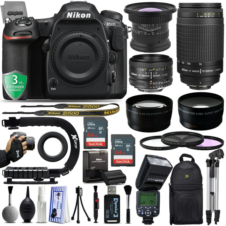 Nikon D500 DSLR Camera with -15mm - Nikon 50mm f/1.8D - Nikon 70-300mm G -  128GB -AF Flash Bundle
